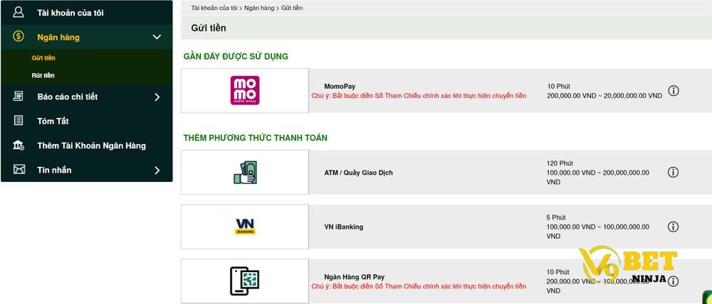 Hướng dẫn cách nạp tiền vào tài khoản V9bet